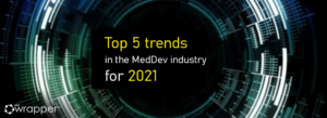 Top 5 trends in the MedDev industry for 2021, featuring SaMD, Cyber-security, Telemedicine, AI, and Virtual Reality.