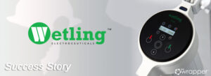Wetling Electroceuticals success story banner featuring the Wetling W200 medical device, a wireless micro current stimulation (WMCS) unit for wound healing.