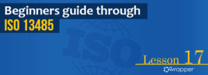Blue header banner for "Beginners guide through ISO 13485" Lesson 17, featuring the qmsWrapper logo and a globe graphic illustrating international medical device quality standards.