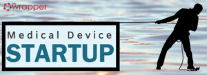 Silhouette of a person pulling a heavy "Medical Device STARTUP" sign across water, symbolizing the challenges and persistence required for startups in the medical device industry.