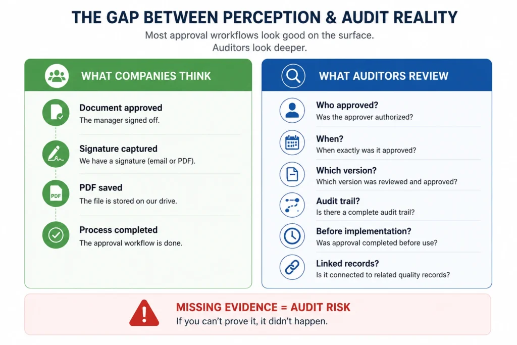 Comparison showing the difference between perceived approval completion and auditor review requirements, including approval history, timestamps, version control, audit trails, and linked quality records in an ISO 13485 quality management system.