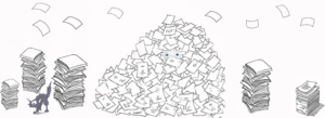 A cartoon character with wide eyes buried under a massive pile of paperwork, illustrating the chaos and lack of traceability in paper-based QMS document control.