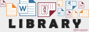 Digital document library graphic for qmsWrapper featuring various PDF and Word file icons above the word "LIBRARY".