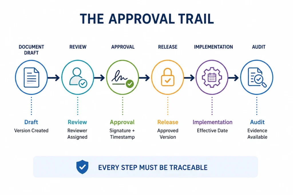 Approval workflows in QMS: Document approval workflow showing draft, review, approval, release, implementation, and audit stages with complete traceability and audit trail for medical device quality management systems.