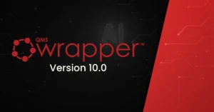 The qmsWrapper logo displayed against a black background with a red geometric accent, announcing Version 10.0 of the AI-powered QMS for MedTech.