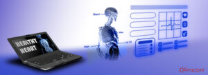 Digital illustration of a laptop showing "Healthy Heart" text alongside human anatomical diagrams, representing the software life cycle for Software as a Medical Device (SaMD) under EN 62304.