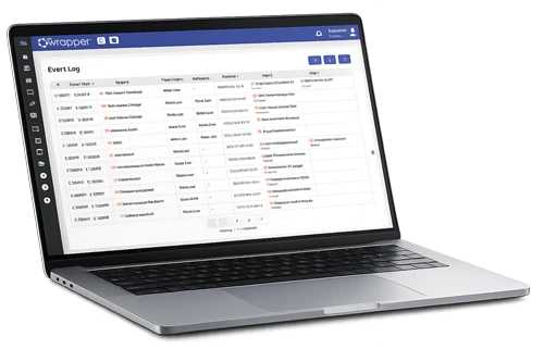 Real-time QMS event log displayed on a laptop screen, showing open events, linked actions, and current status