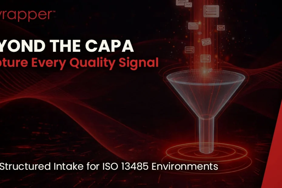 Beyond the CAPA – Capture Every Quality Signal. Quality Event System structured intake system for ISO 13485 medical device environments with funnel visual representing event capture.