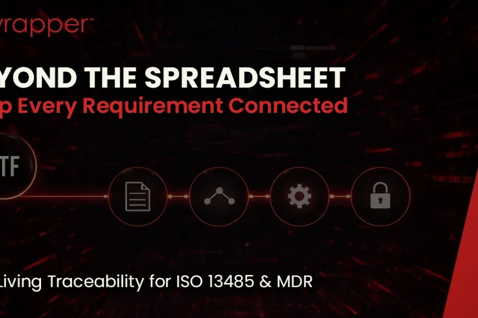 Beyond the Spreadsheet – Keep Every Requirement Connected. Design Traceability File (DTF) showing living traceability for ISO 13485 and MDR medical device environments.