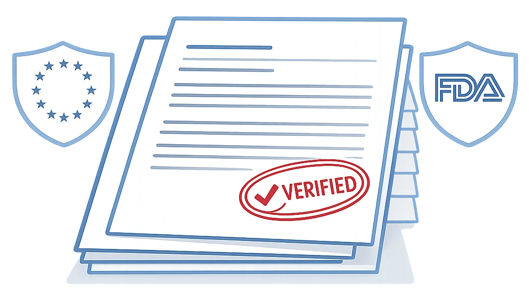 Minimalist vector illustration of a Design History File document stack with a professional VERIFIED approval stamp, flanked by subtle EU and FDA compliance shield symbols, representing audit and submission readiness.