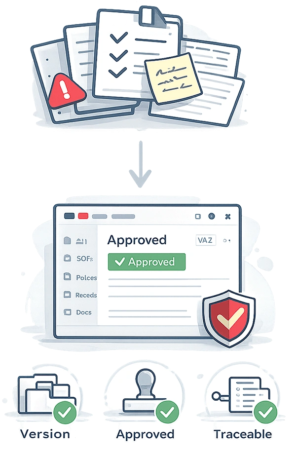 Document Control and Electronic Signatures illustration showing version control, approval workflow, and audit-ready traceability for ISO 13485 and FDA 21 CFR Part 11.