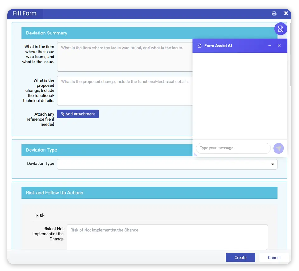 qmsWrapper Smart Form Assistant filling a deviation form with AI guidance