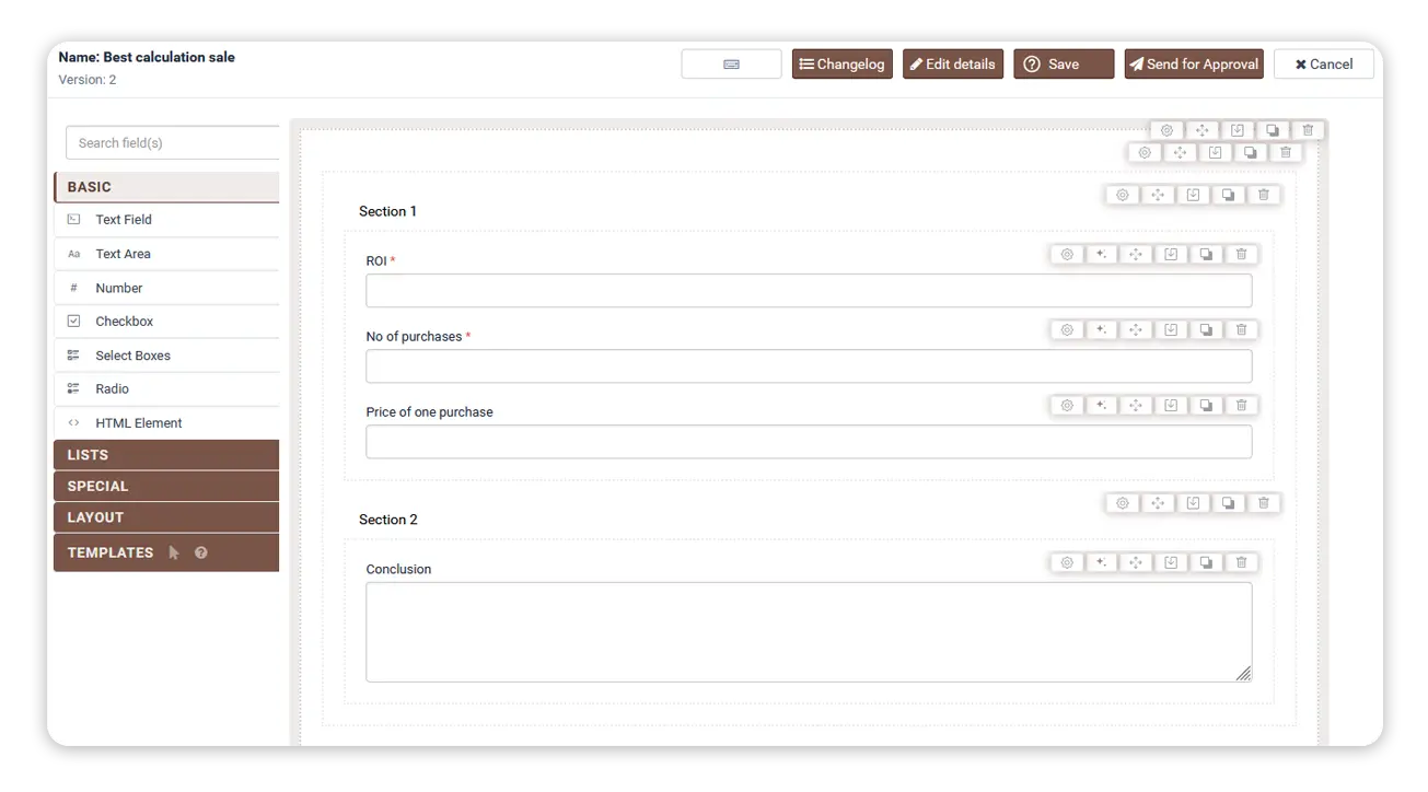 qmsWrapper Form Editor interface for building structured medical device QMS forms
