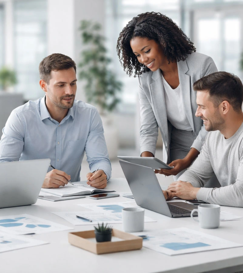 Modern, clean team workspace in the foreground with four professionals collaborating around a white desk, while a large, blurred corporate office environment fades into the background, symbolizing complexity versus clarity. ISO 13485 QMS software