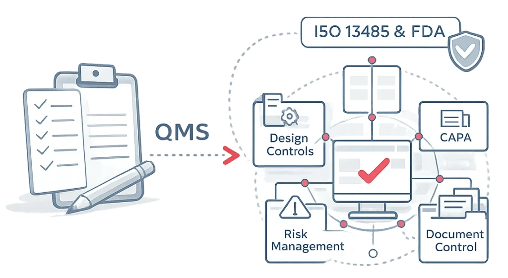 ISO 13485 & FDA compliance structured within a connected QMS architecture linking design controls, risk management, CAPA, and document control