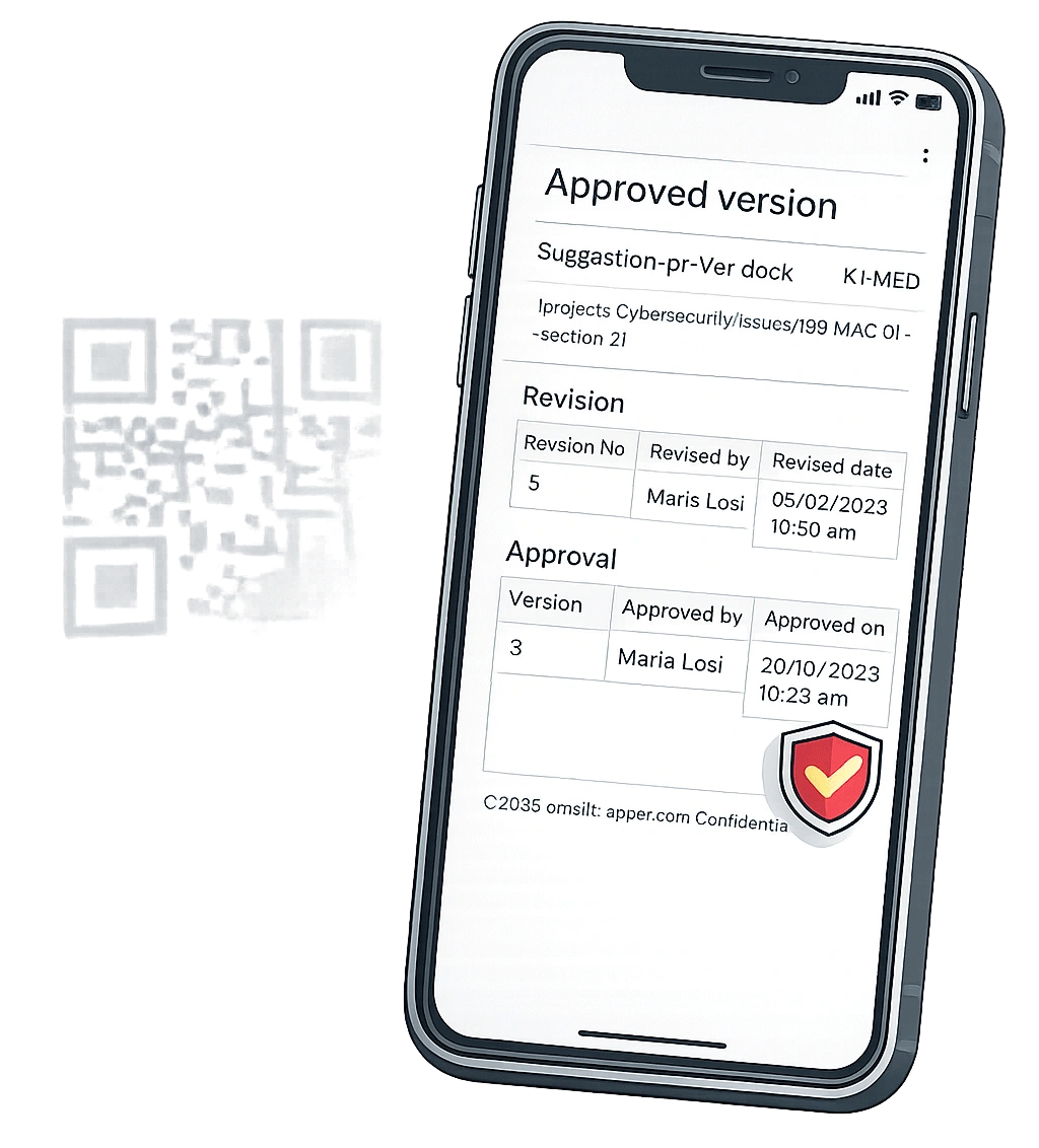 Mobile phone scanning QR code displaying approved version-controlled QMS document compliant with ISO 13485 and 21 CFR Part 11