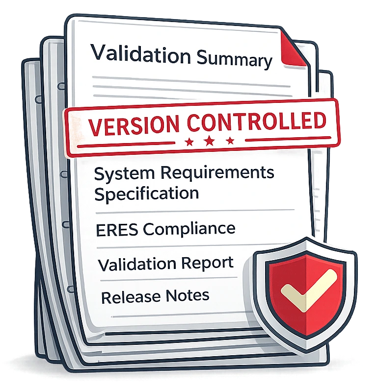Pre-validated SaaS eQMS validation documentation package including version-controlled validation summary, system requirements specification, ERES compliance statement, and release notes