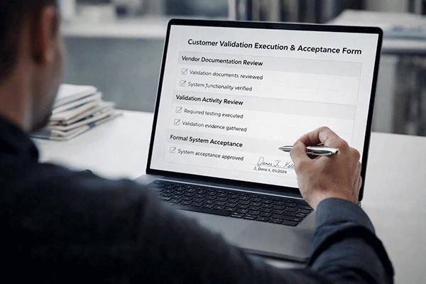 Quality assurance professional reviewing vendor validation documentation and acceptance checklist on laptop in regulated MedTech environment
