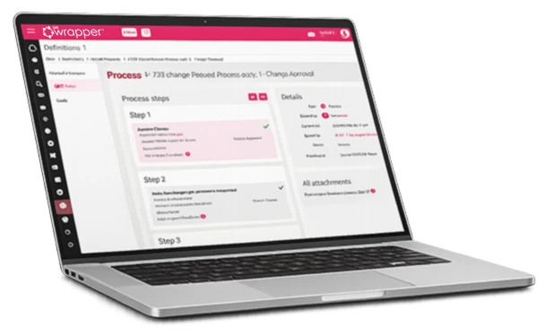 qmsWrapper software showing a structured change approval process workflow in a medical device QMS