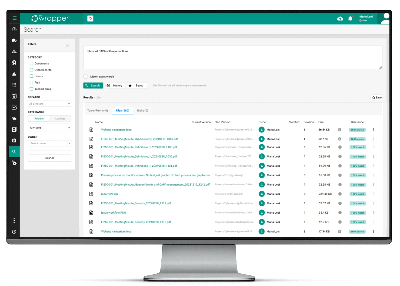 qmsWrapper AI-powered QMS search interface displayed on a desktop PC monitor mockup