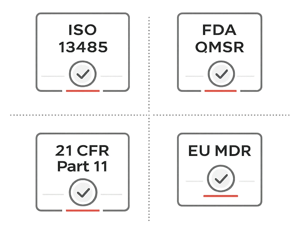 Regulatory framework alignment badges showing ISO 13485, FDA QMSR 21 CFR Part 820, 21 CFR Part 11, and EU MDR compliance for qmsWrapper