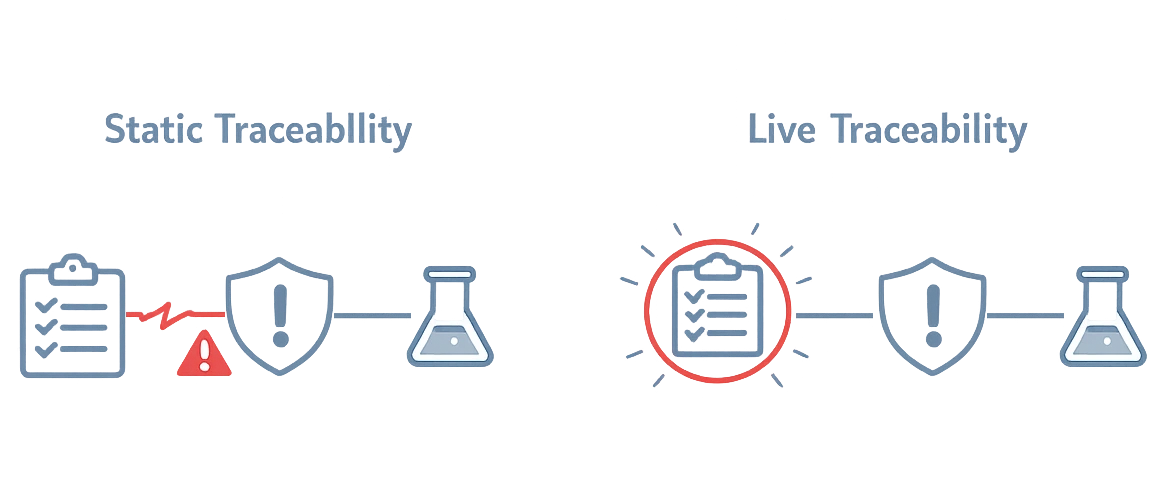 Split-screen illustration comparing static and live traceability in a medical device QMS, showing broken links between requirement, risk, and test on the left and fully connected, automatically updated traceability on the right.