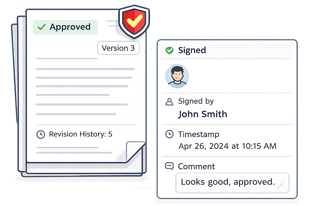 Approved document Version 3 with electronic signature details including user name, date, time, comment, and full revision history tracking