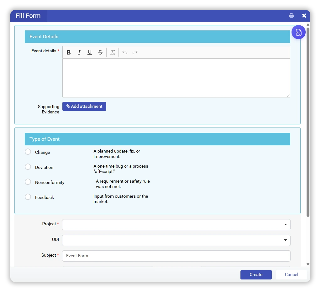 Event capture form for CAPA and Non-Conformance, Deviation and Feedback in an event-driven QMS system