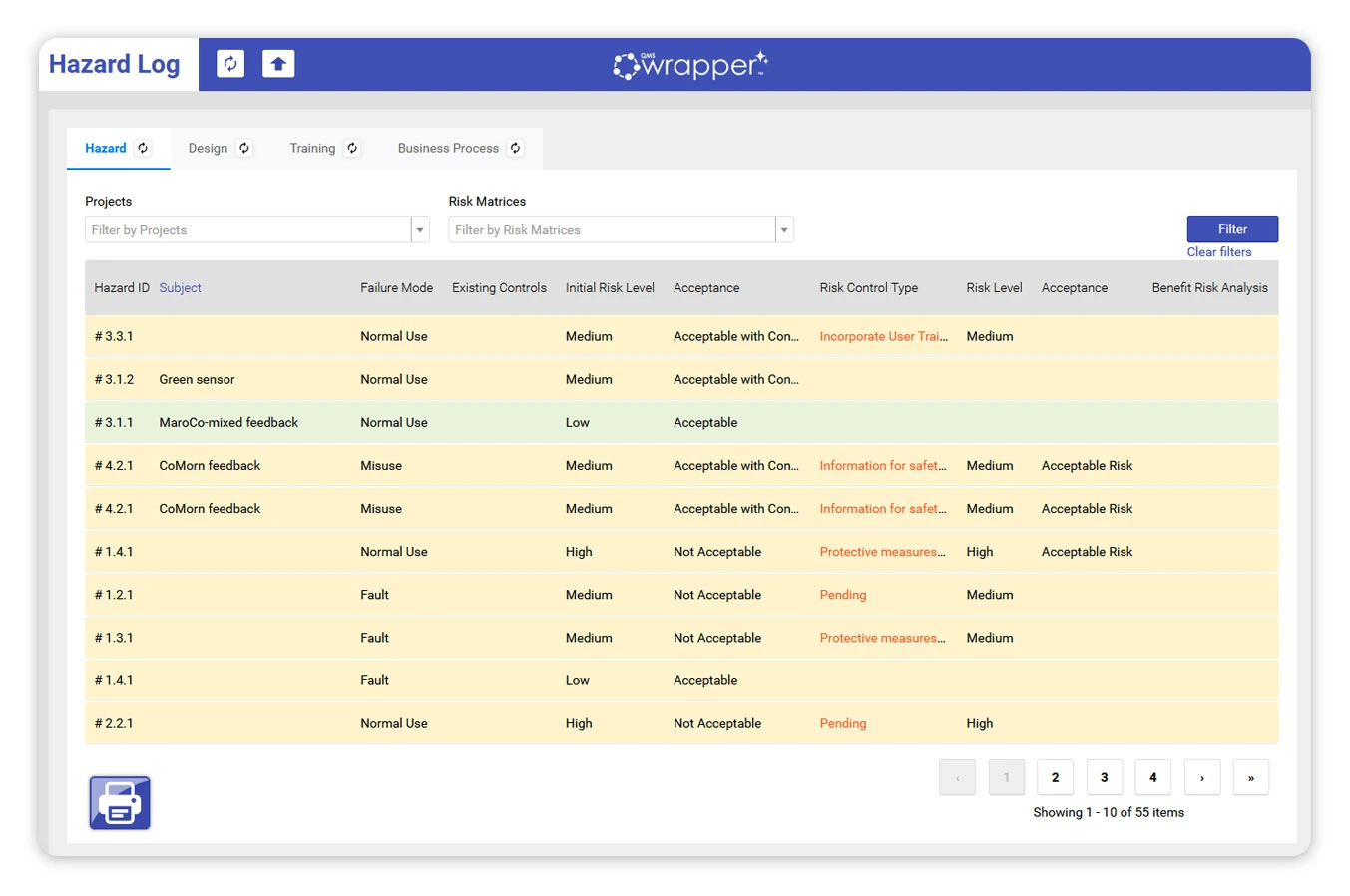 ISO 14971 risk management: Hazard Log dashboard in qmsWrapper showing live ISO 14971 risk records, hazard classifications, acceptance levels, and linked risk control actions connected to real quality events and design activities.