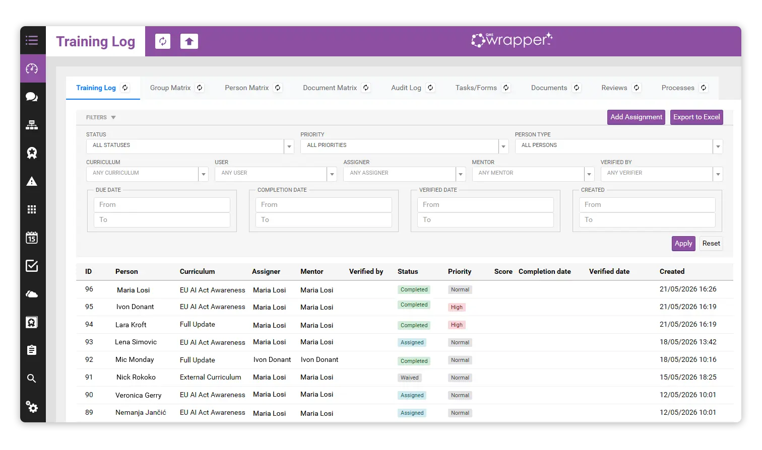 Medical Device Training & Competency Management dashboard in qmsWrapper showing training assignments, competency tracking, audit logs, curriculum management, completion status, and verification workflows.