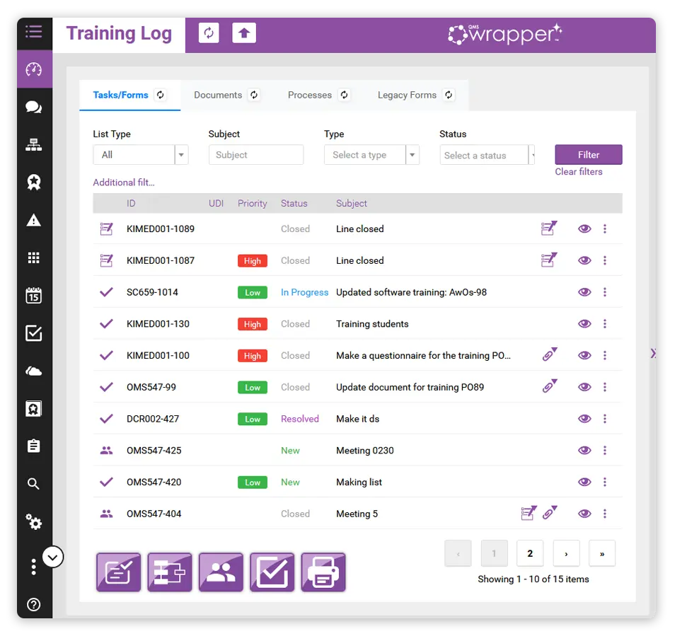 Medical Device Training & Competency Management log in qmsWrapper showing traceable training records, status tracking, linked quality events, and audit-ready workflows for MedTech companies.