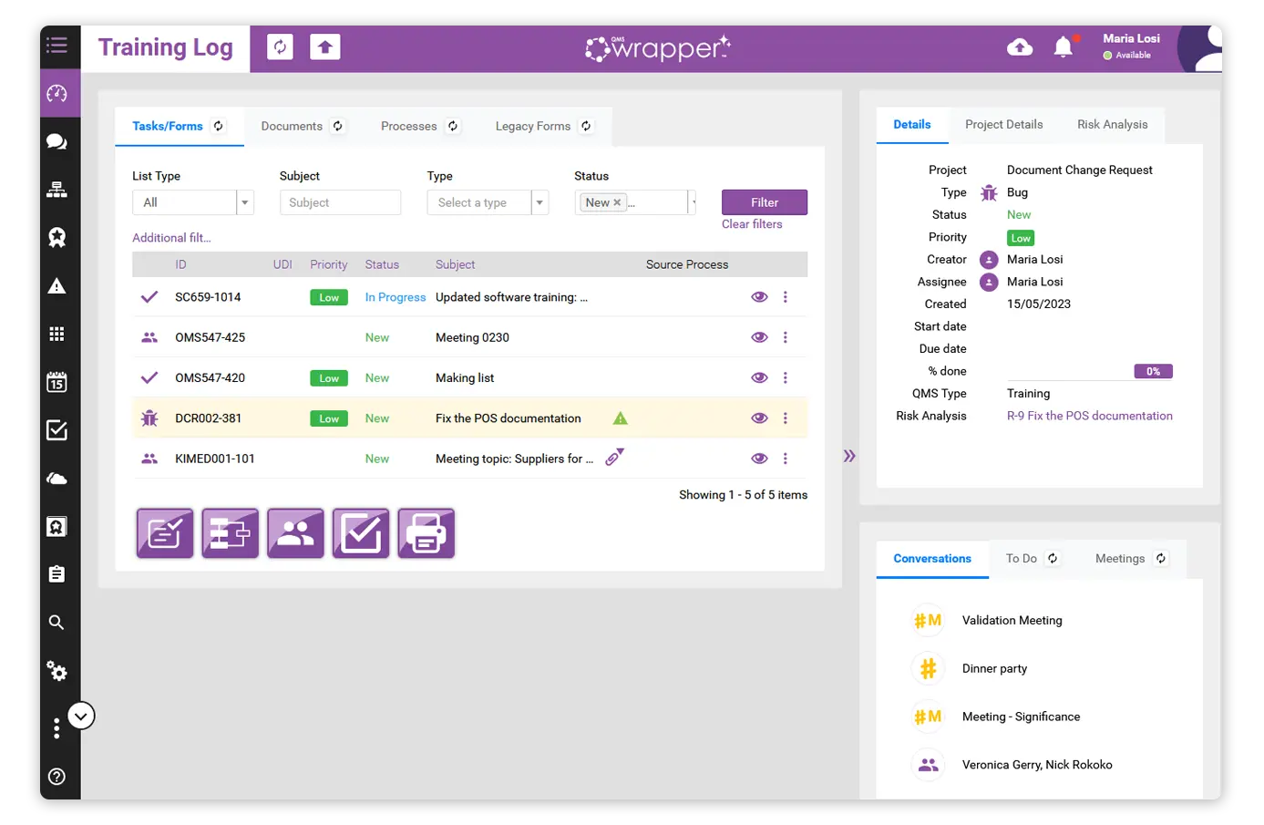 Medical device training log in qmsWrapper showing linked training activities, quality event tracking, risk analysis, status monitoring, and audit-ready competency management workflows.
