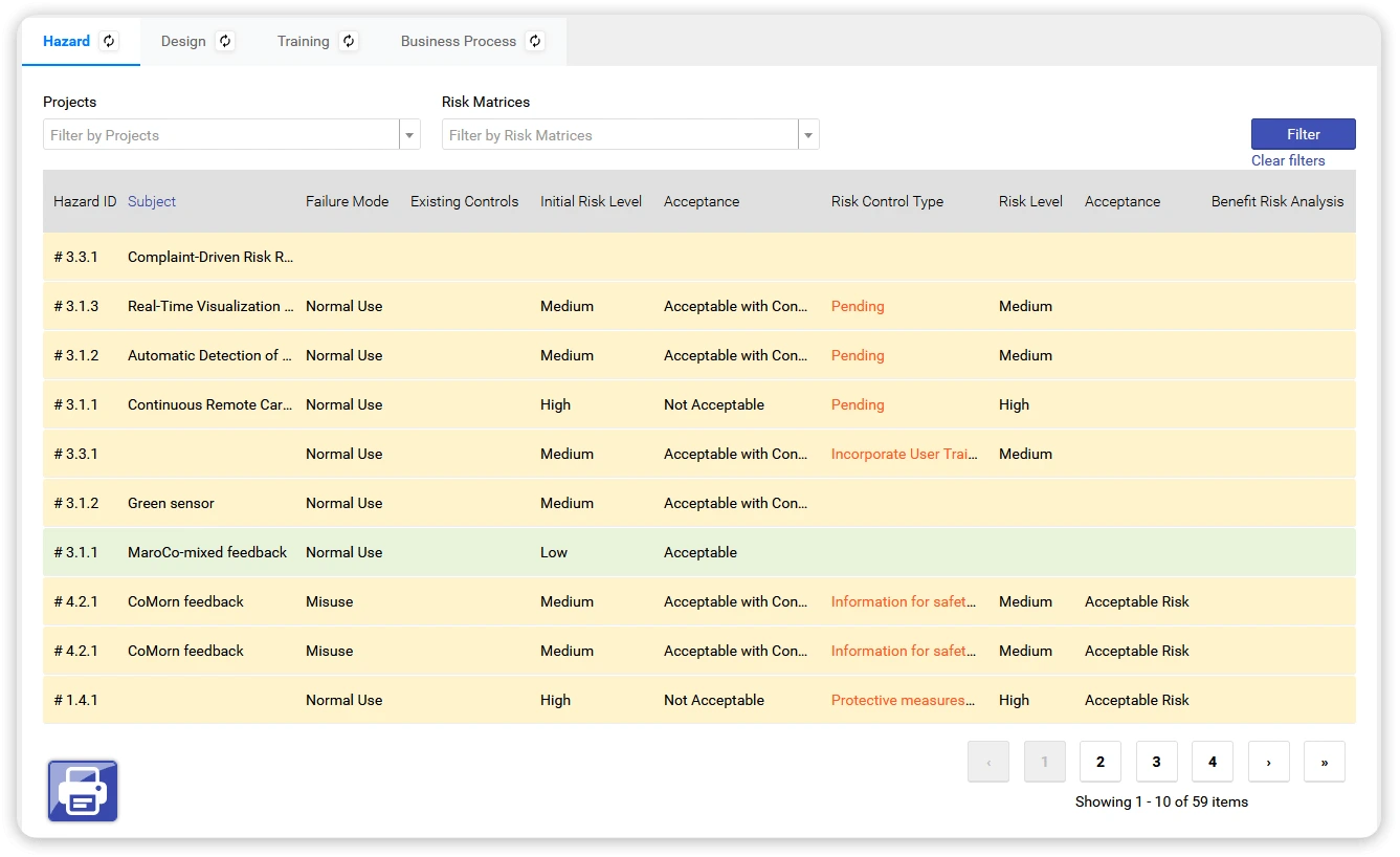 qmsWrapper risk management dashboard showing hazard records, risk levels, mitigation status, and audit-ready visibility for MedTech quality teams.