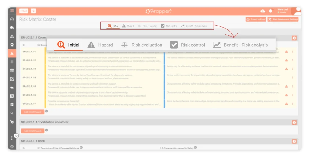 Risk Management module interface in qmsWrapper showing structured ISO 14971 workflow for hazard identification, risk evaluation, risk control, and benefit-risk analysis within a medical device QMS.