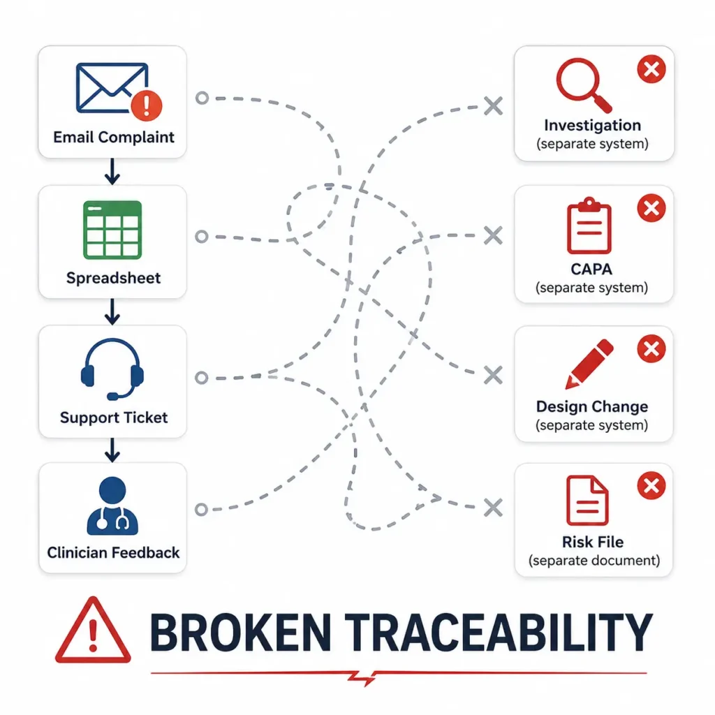 Broken traceability in a medical device QMS showing how a complaint moves through emails, spreadsheets, support tickets, and clinician feedback before becoming disconnected from investigations, CAPAs, design changes, and risk files.