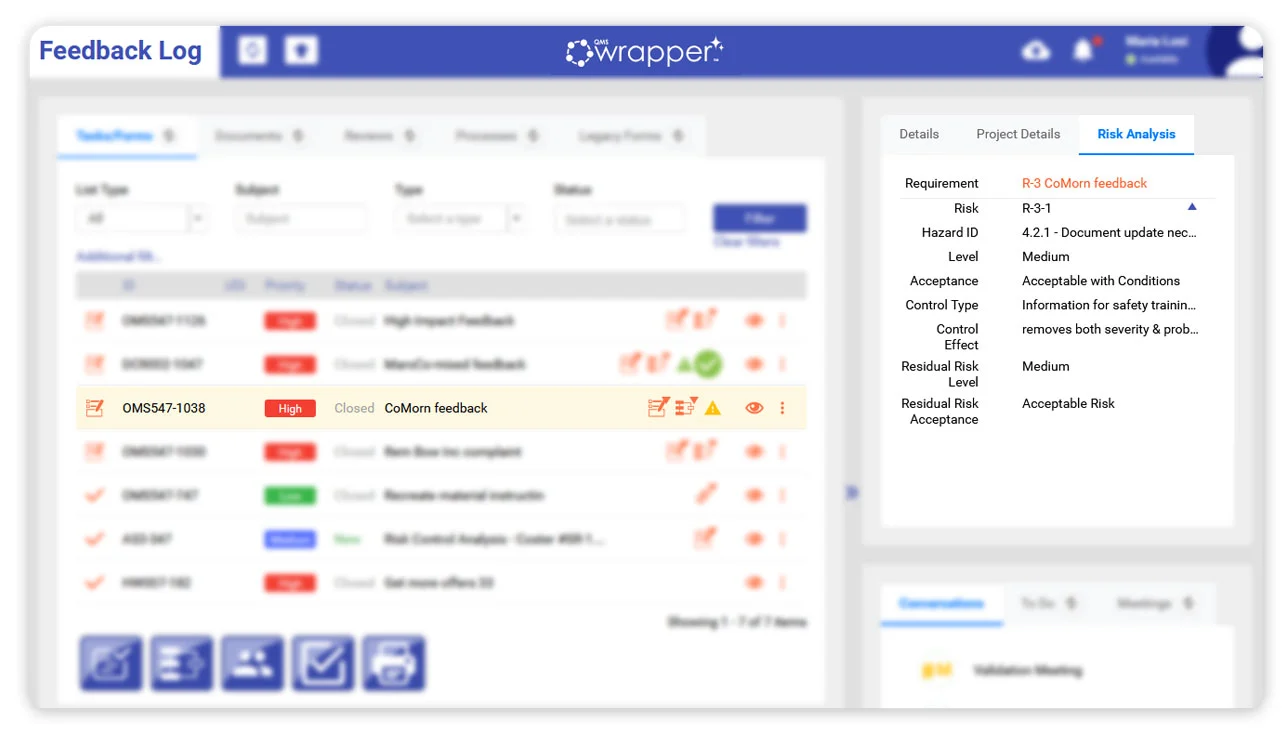 Medical device QMS showing complaint feedback linked to risk analysis, design requirements, and post-market quality records through a connected traceability workflow.