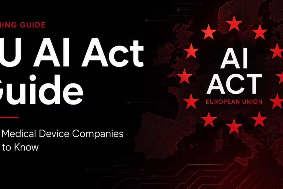 Cover image for the EU AI Act Guide, helping medical device companies understand AI Act requirements, compliance obligations, risk classifications, and implementation timelines.