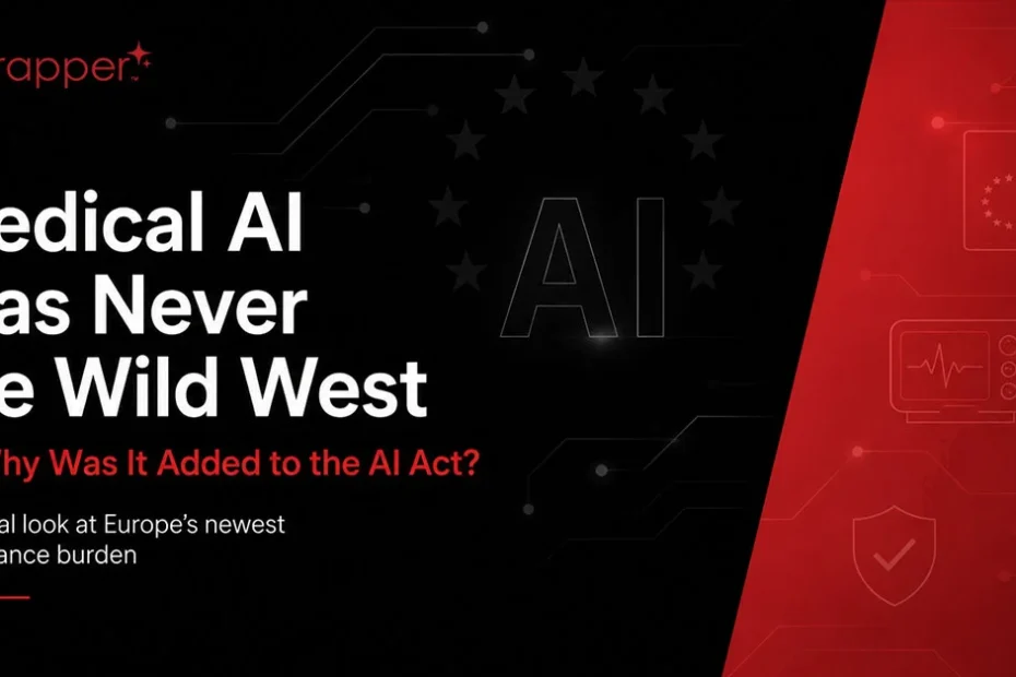 Medical AI Was Never the Wild West infographic discussing the inclusion of medical devices in the EU AI Act and its impact on medical device innovation and compliance.