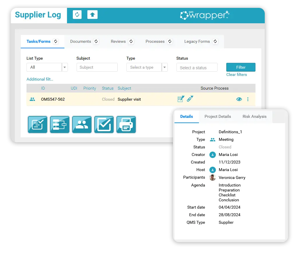 Supplier Log in qmsWrapper showing supplier records, forms, documents, reviews, workflows, and audit-tracked activities managed within a controlled quality management system.